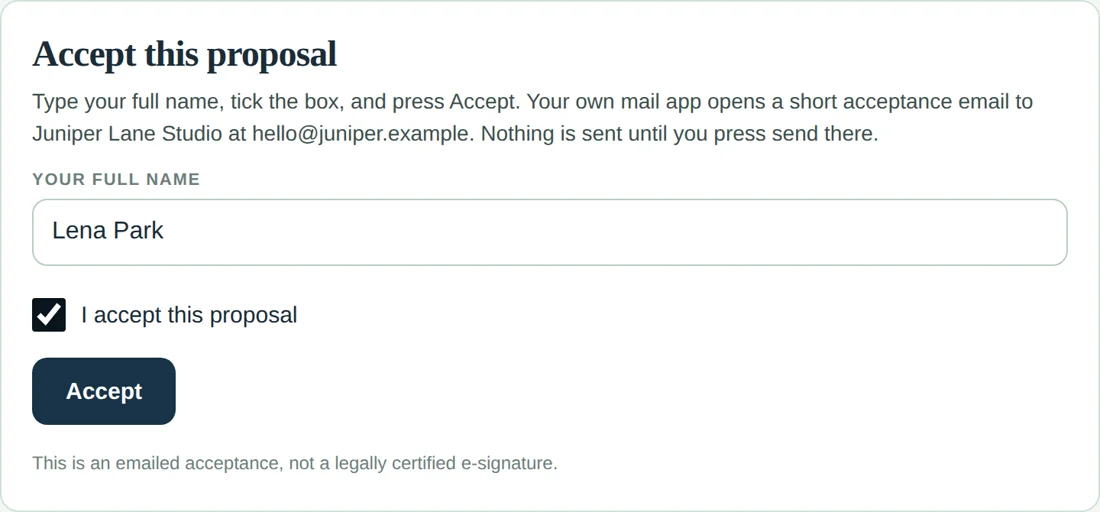 Client’s proposal page: type your full name, tick I accept, press Accept