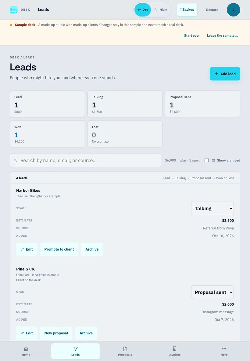 Studio OS on iPad, Day theme: leads