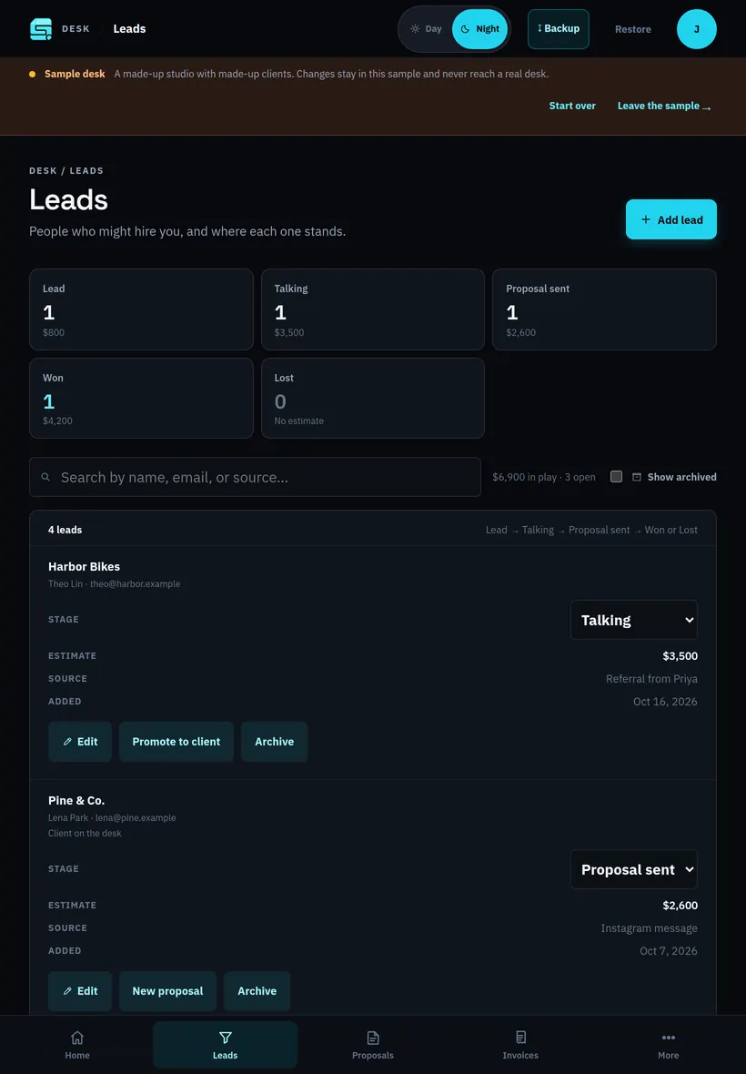 Studio OS on iPad, Night theme: leads